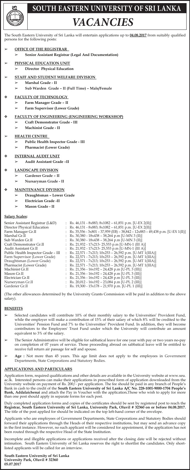 Senior Assistant Registrar, Director, Marshal, Sub Warden, Farm Manager, Farm Supervisor, Craft Demonstrator, Machinist, Public Health Inspector, Pharmacist, Audit Assistant, Gardener, Nurseryman, Draughtsman, Electrician, Mason - South Eastern University of Sri Lanka